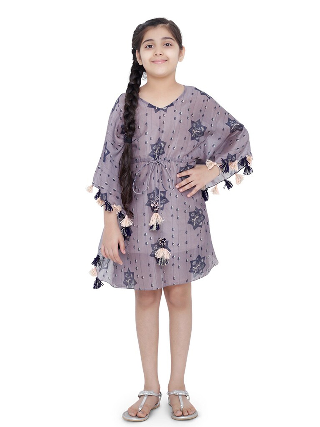 

PS KIDS BY PAYAL SINGHAL Floral Printed Kimono Sleeve Silk Kaftan Dress, Purple