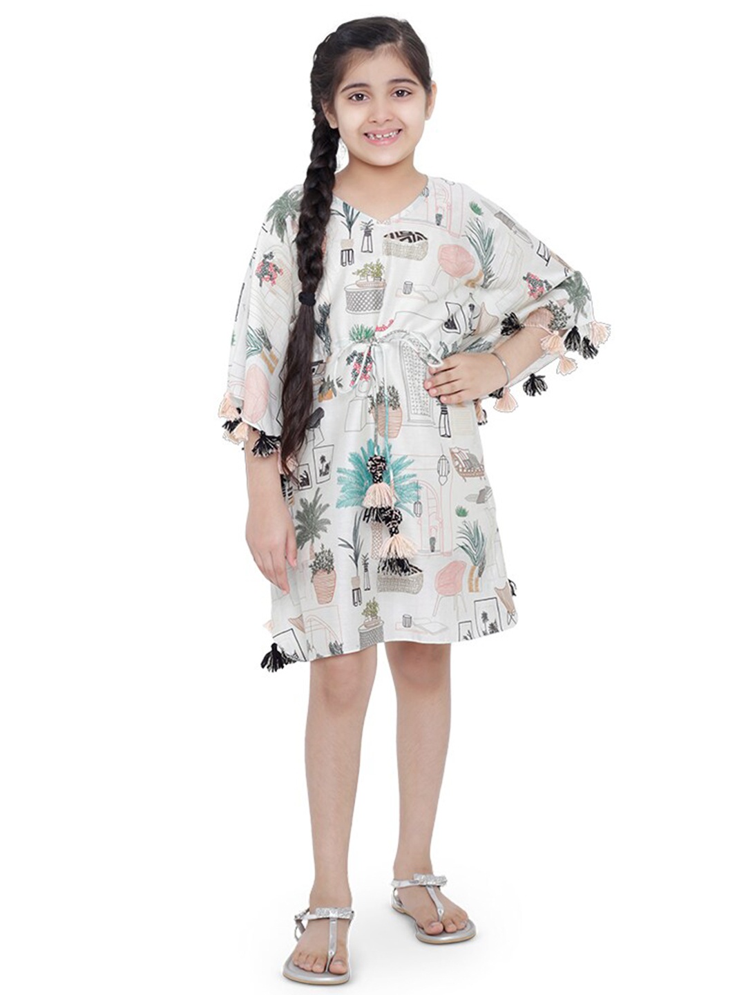 

PS KIDS BY PAYAL SINGHAL Floral Printed Silk Flared Sleeve Kaftan Dress, White