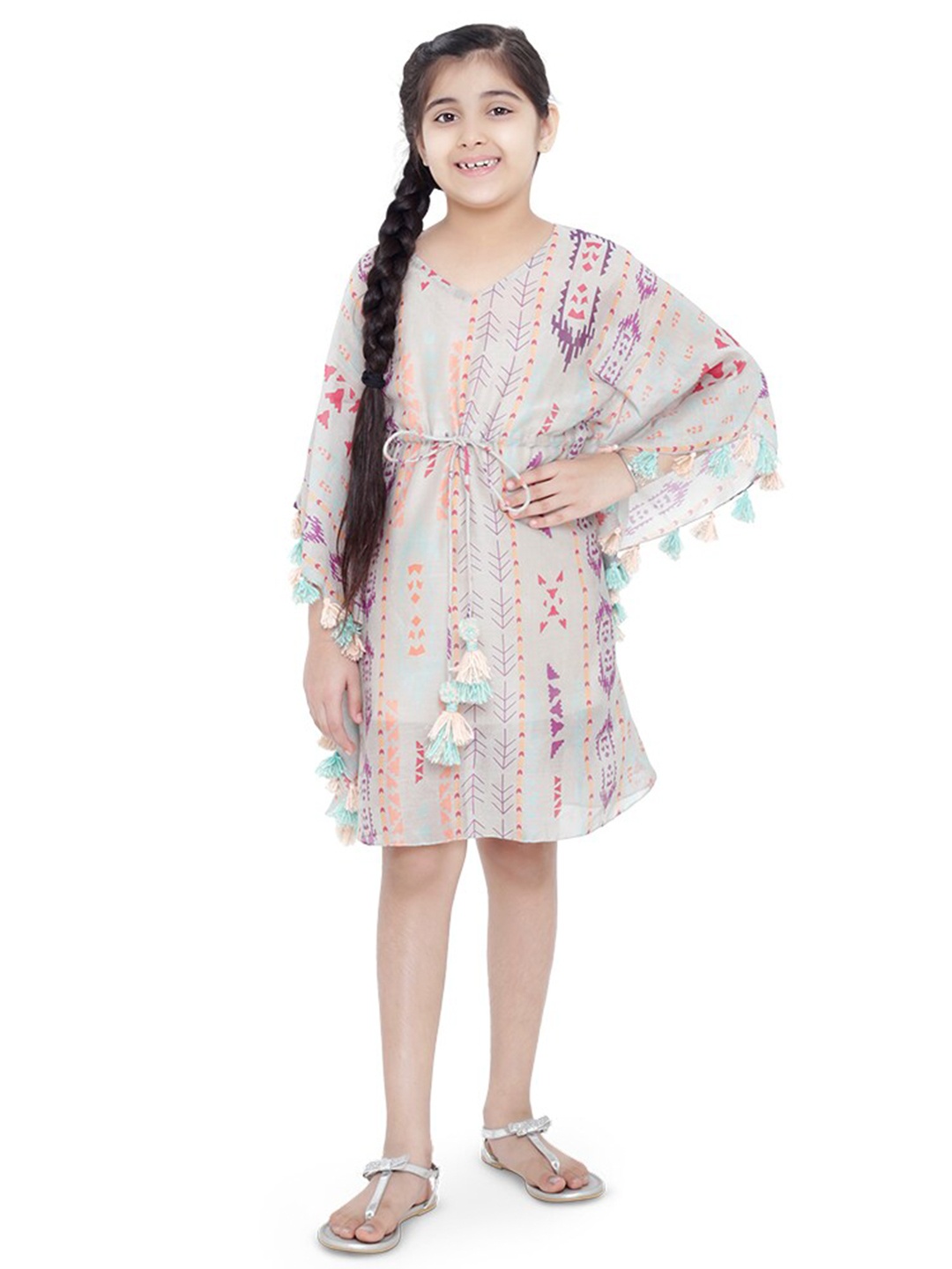 

PS KIDS BY PAYAL SINGHAL V Neck Floral Printed Silk Kaftan Dress, Grey