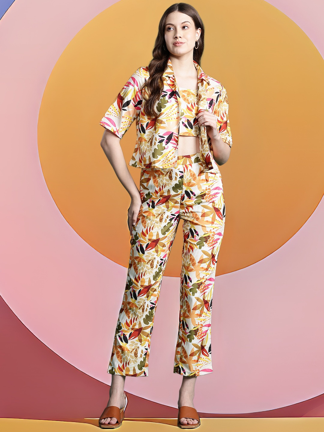 

DressBerry Floral Print Crop Top With Trousers & Shirt, Multi