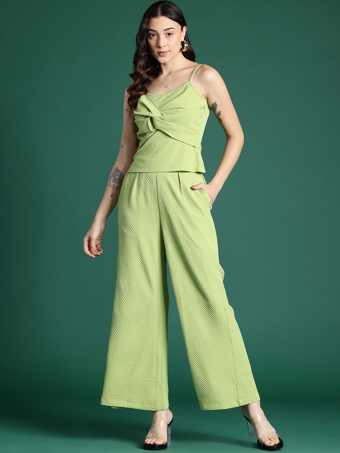 

DressBerry Twisted Detail Textured Top and Trousers Co-Ord Set, Green