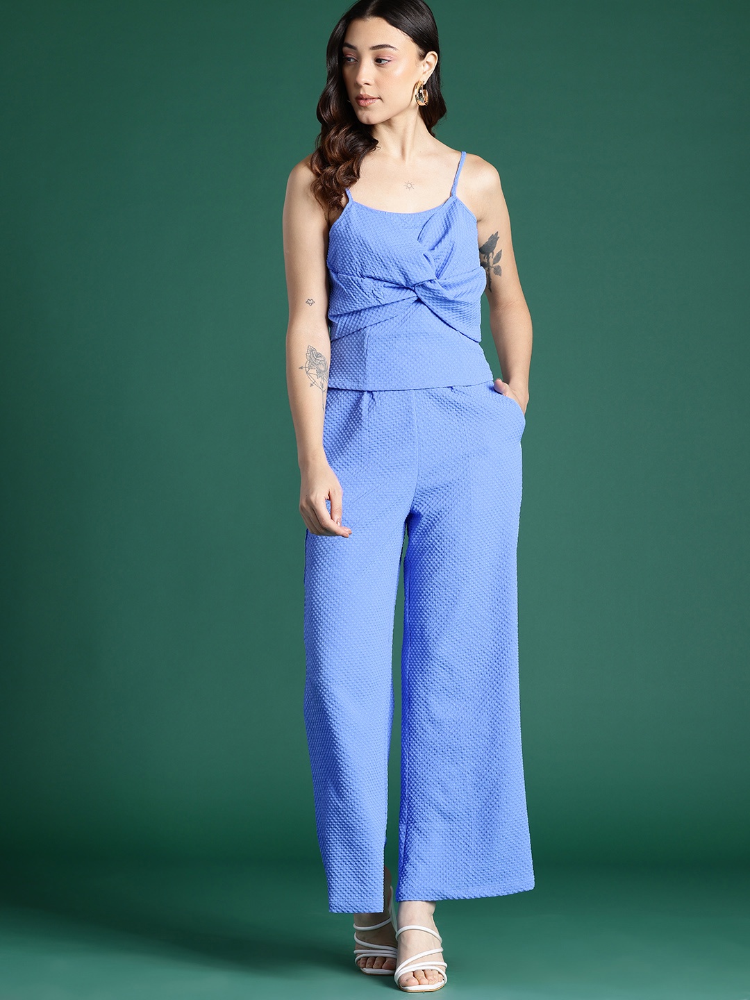 

DressBerry Twisted Detail Textured Top and Trousers Co-Ord Set, Blue