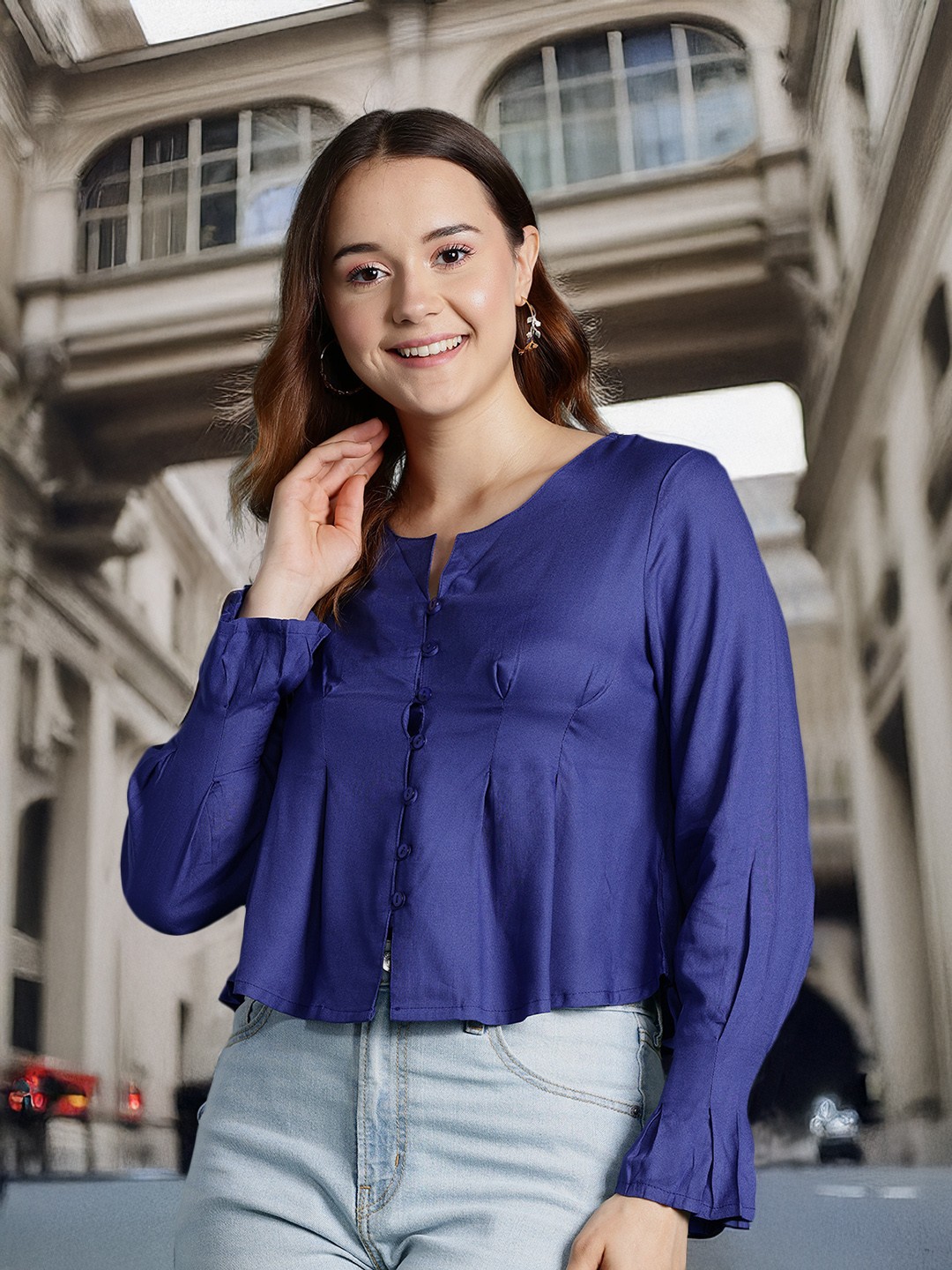 

DressBerry Puff Sleeves Pleated Shirt Style Top, Navy blue