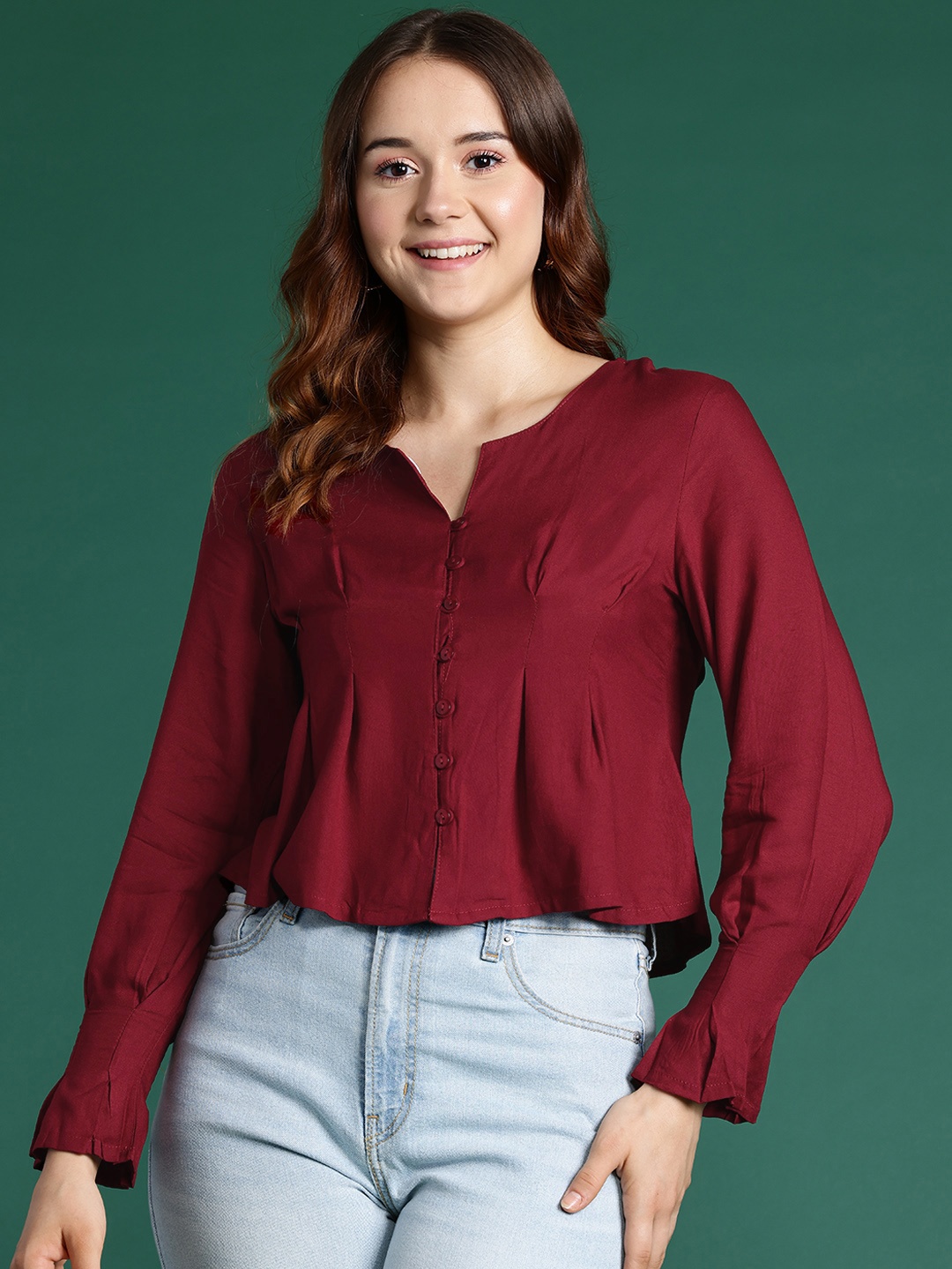

DressBerry Puff Sleeves Pleated Peplum Top, Maroon