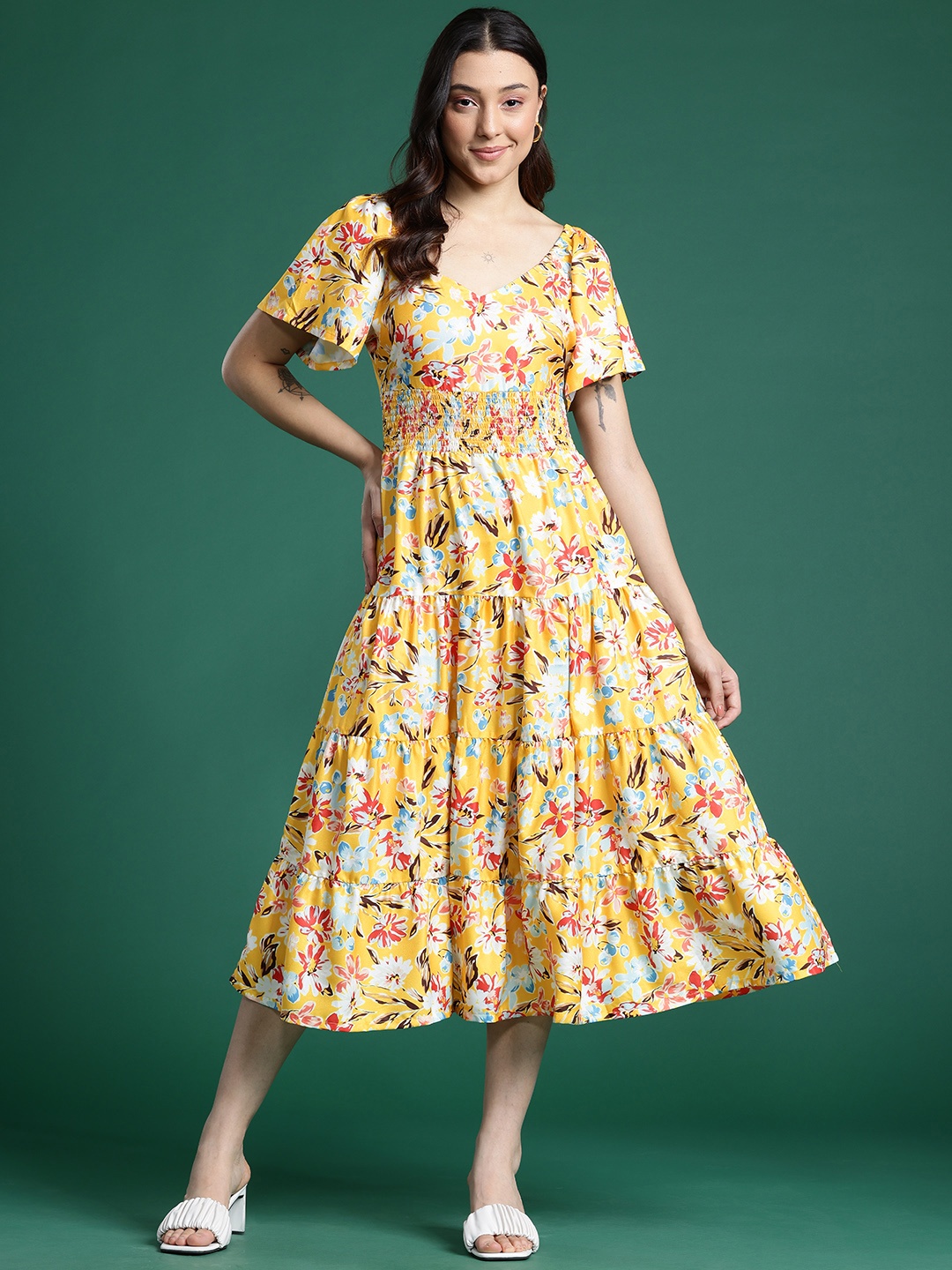 

DressBerry Floral Print Tiered A-Line Midi Dress, Yellow