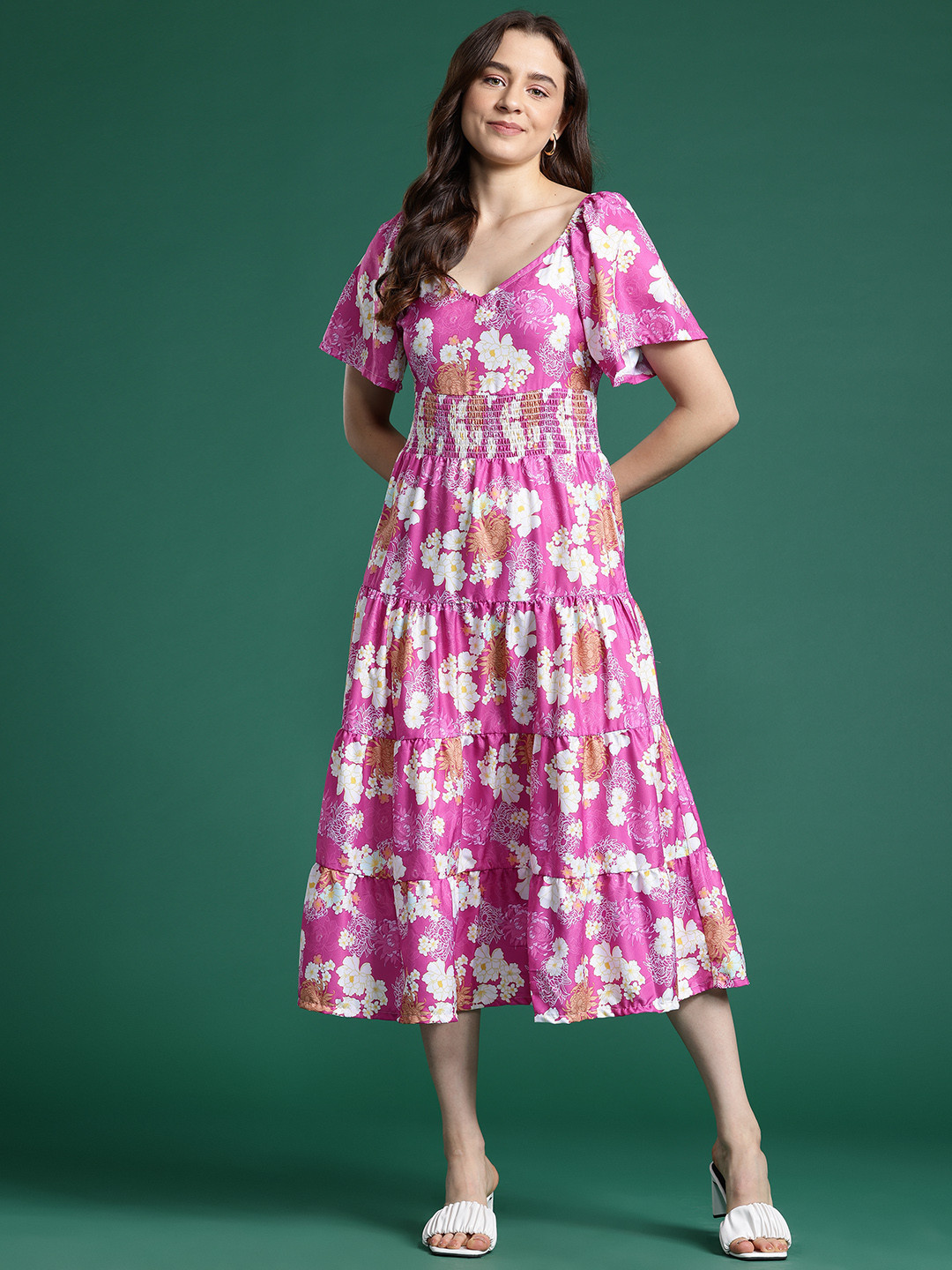 

DressBerry Floral Print Tiered A-Line Midi Dress, Pink