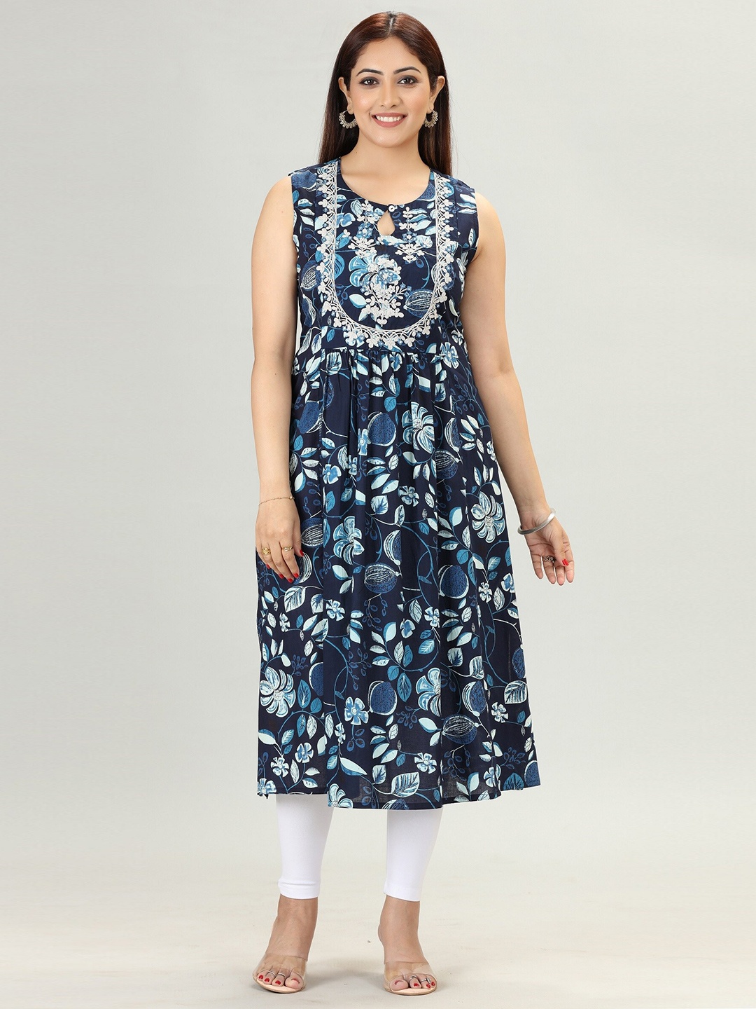 

COTTON CULTURE Floral Printed Pure Cotton Keyhole Neck A-Line Kurta, Navy blue
