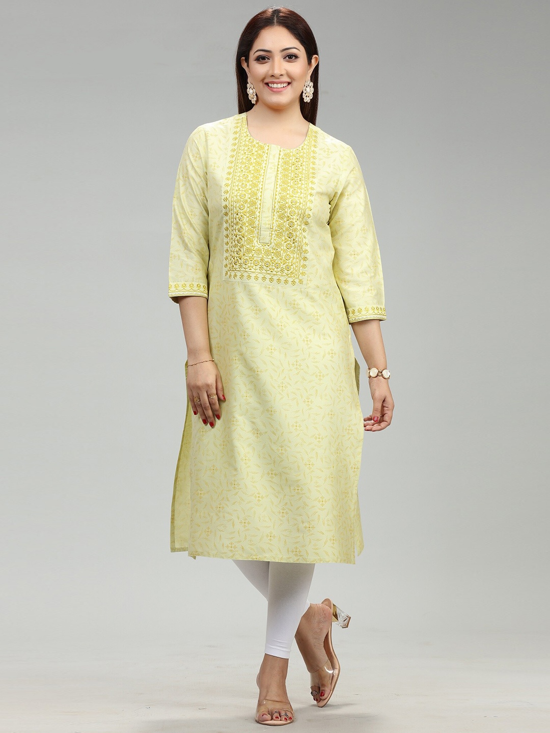 

COTTON CULTURE Ethnic Motifs Printed Straight Kurta, Yellow