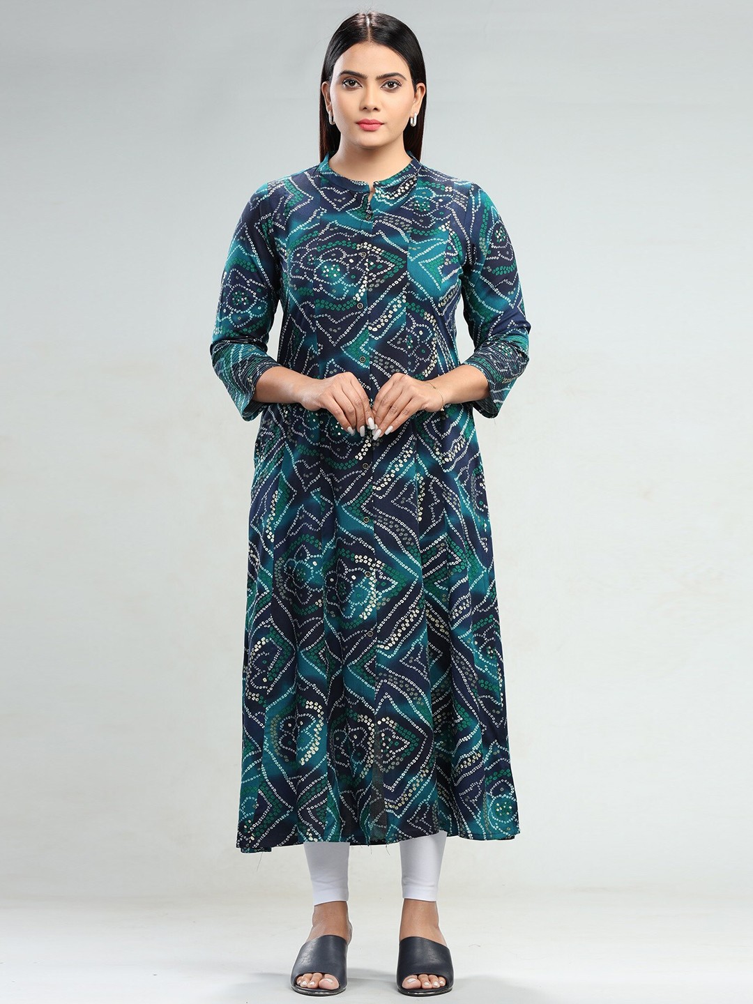 

COTTON CULTURE Geometric Printed Mandarin Collar A-Line Kurta, Navy blue