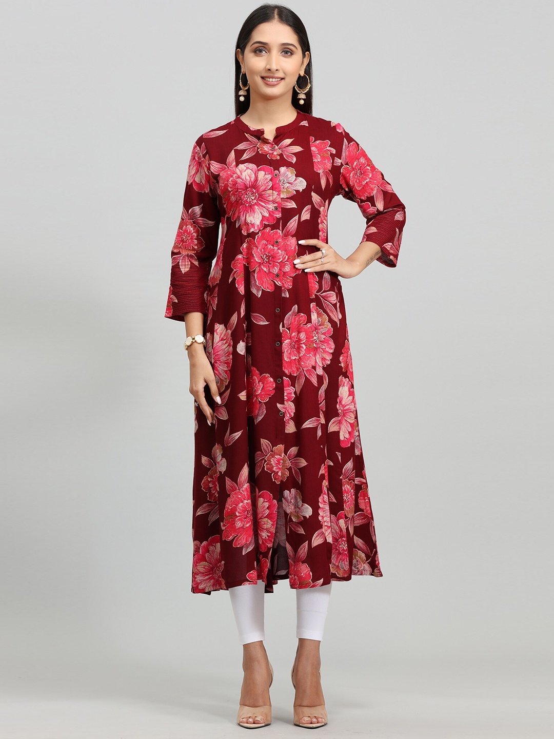 

COTTON CULTURE Floral Printed A-Line Kurta, Maroon