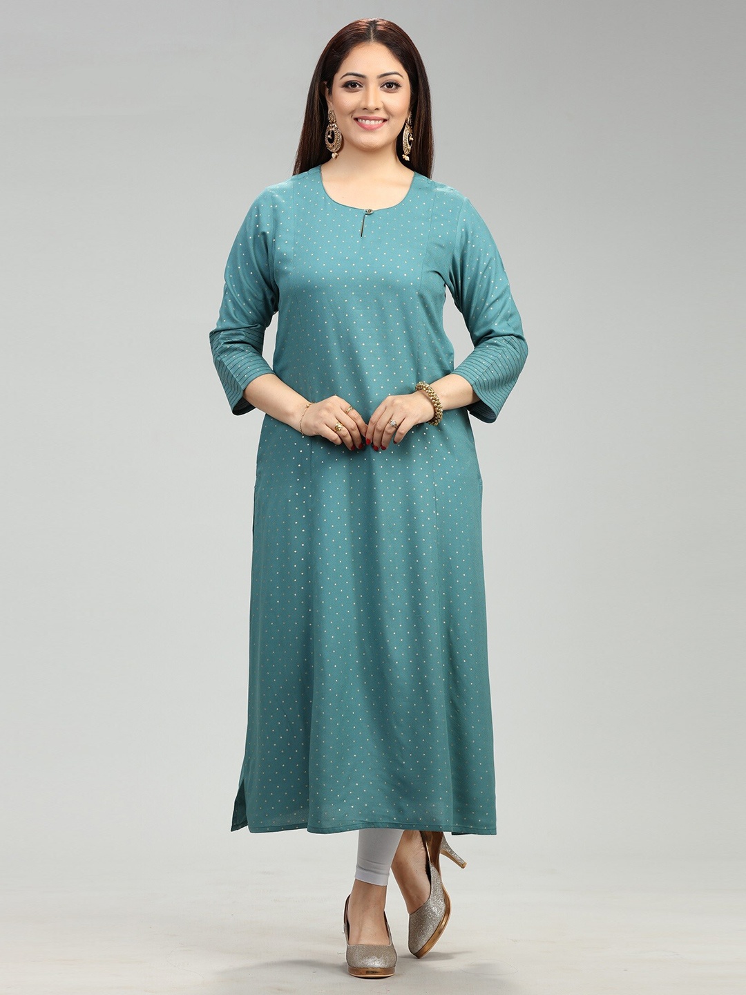 

COTTON CULTURE Geometric Printed Keyhole Neck Straight Kurta, Turquoise blue