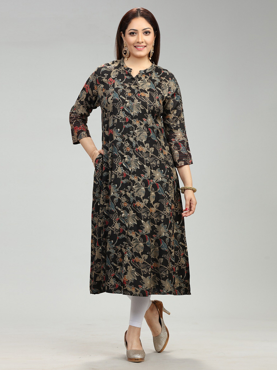 

COTTON CULTURE Floral Printed Mandarin Collar A-Line Kurta, Black