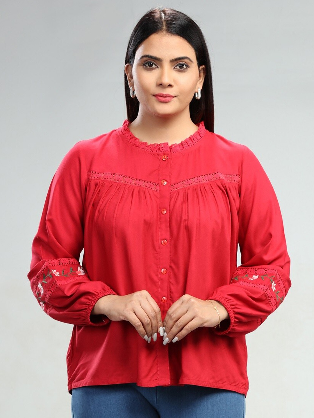 

COTTON CULTURE Pure Cotton Mandarin Collar Cuffed Sleeves Casual Top, Red