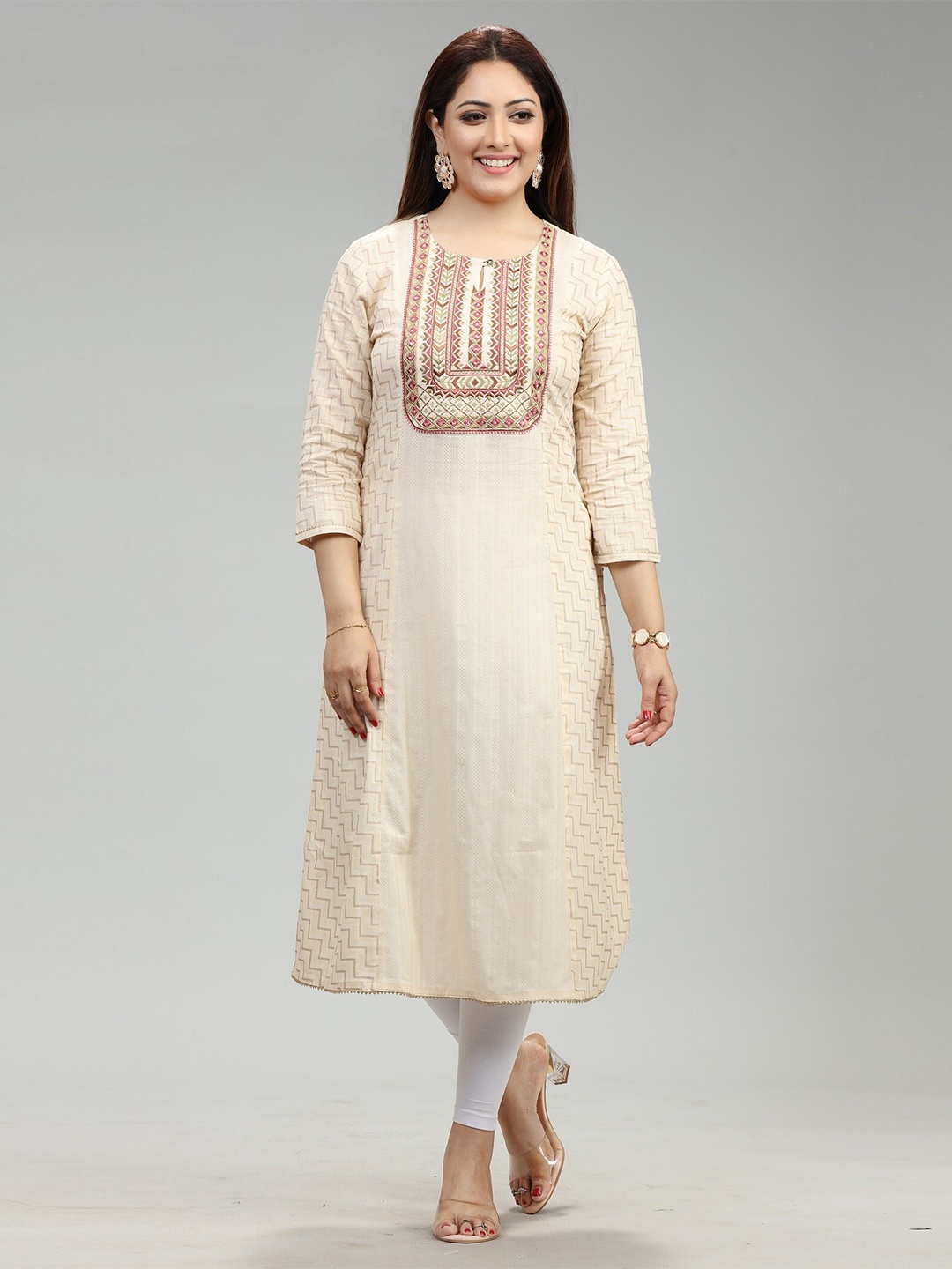 

COTTON CULTURE Chevron Printed Thread Work Cotton Straight Kurta, Cream
