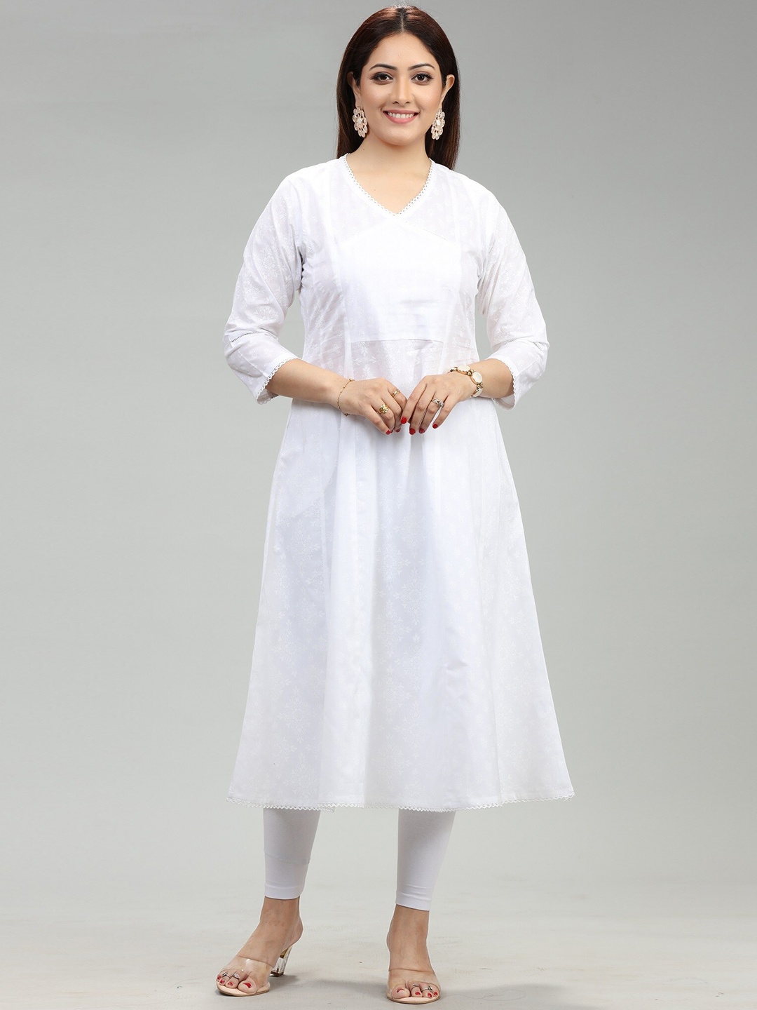 

COTTON CULTURE Floral Printed Cotton V-Neck A-Line Kurta, White