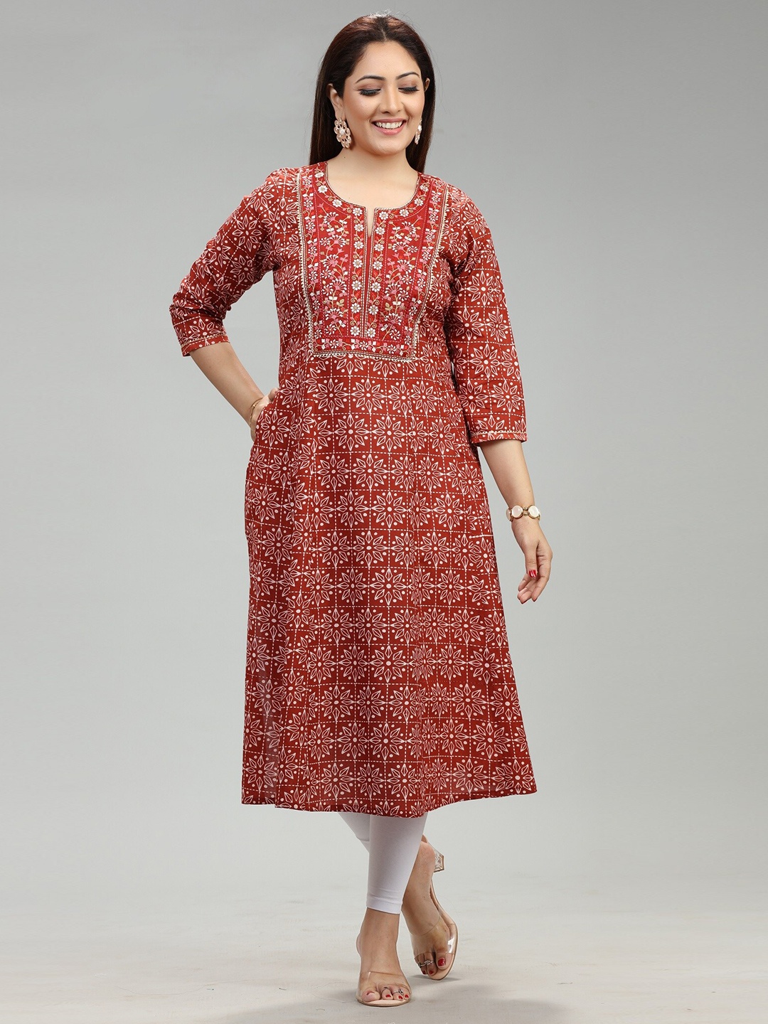 

COTTON CULTURE Ethnic Motifs Printed A-Line Kurta, Maroon
