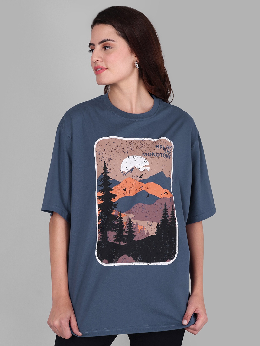 

The Roadster Lifestyle Co Graphic Printed Drop-Shoulder Sleeves Oversized-Fit Tshirt, Blue