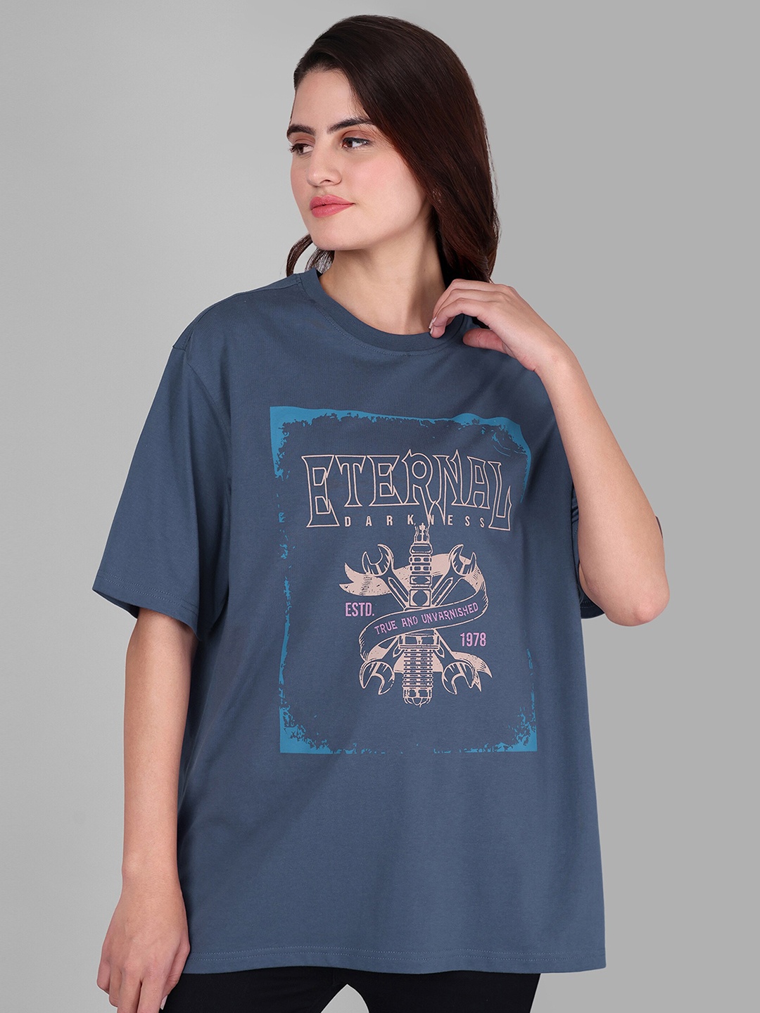 

The Roadster Lifestyle Co Graphic Printed Drop-Shoulder Sleeves Oversized-Fit Tshirt, Blue
