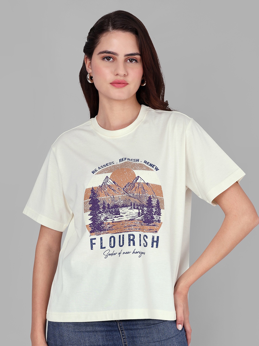 

The Roadster Lifestyle Co Cream Graphic Printed Round Neck Cotton Boxy-Fit Tshirt