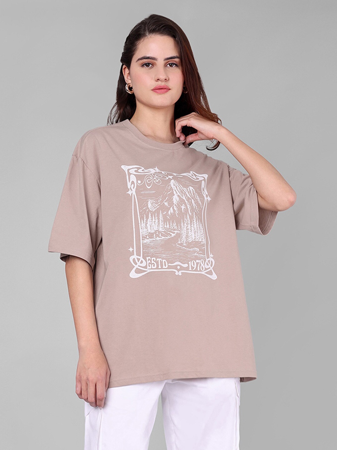 

The Roadster Lifestyle Co Beige Graphic Printed Cotton Round Neck Oversized-Fit Tshirt
