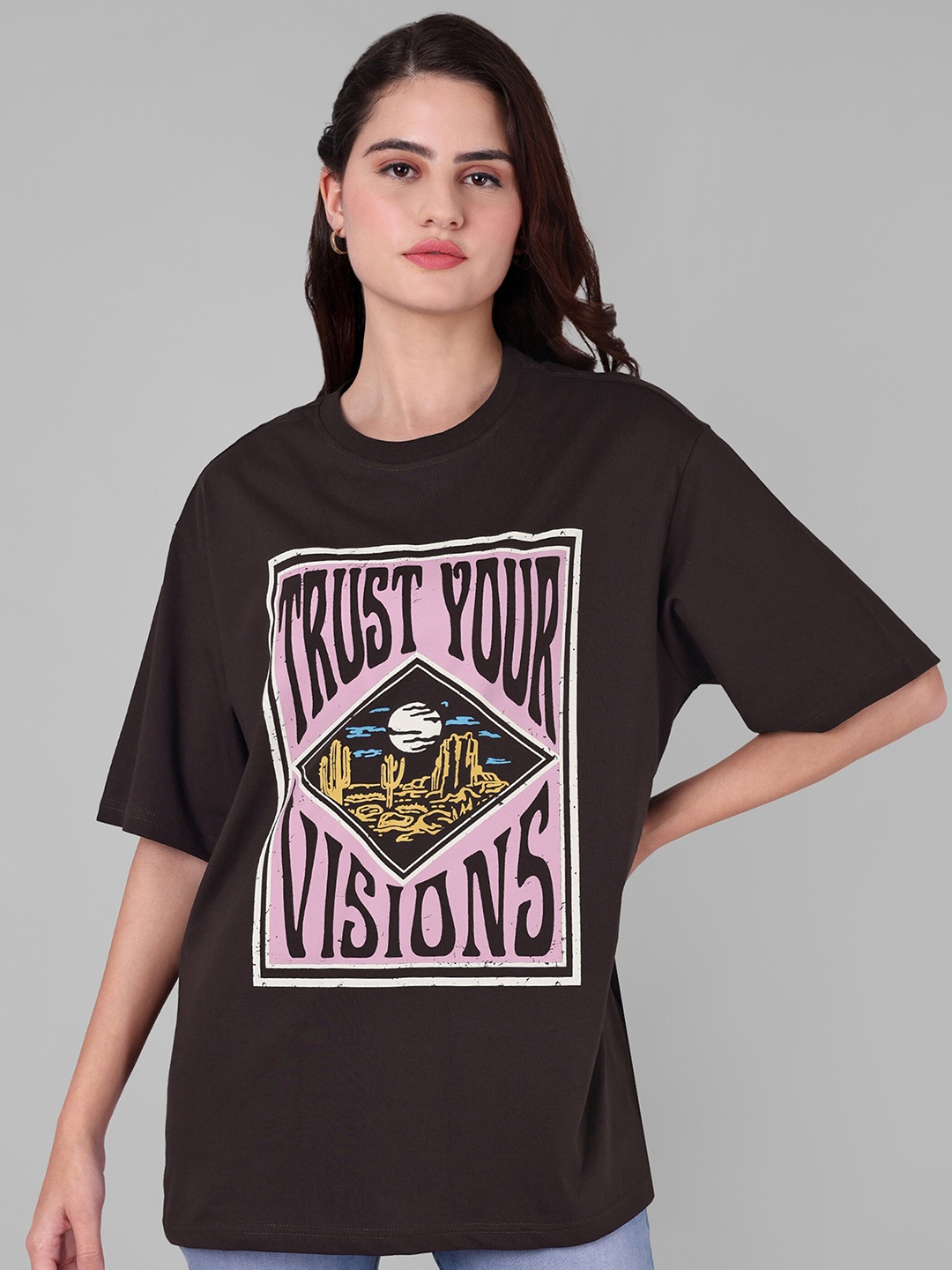 

The Roadster Lifestyle Co Brown Graphic Printed Cotton Oversized-Fit Tshirt