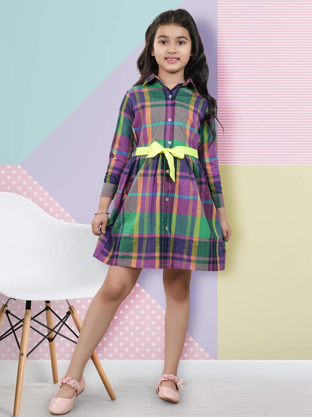 

BAESD Girls Checked Shirt Cotton Dress, Multi
