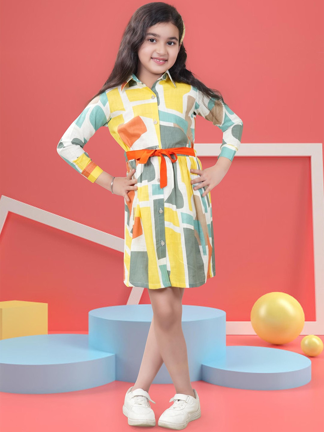 

BAESD Abstract Print Cotton Shirt Style Dress, Yellow