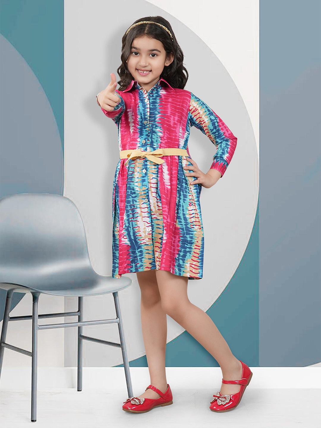 

BAESD Girls Print Shirt Collar Shirt Style Cotton Dress, Pink