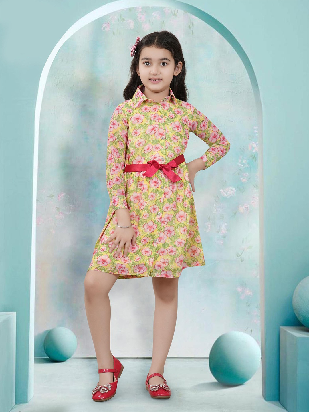 

BAESD Girls Floral Printed Shirt Collar A-Line Dress, Yellow