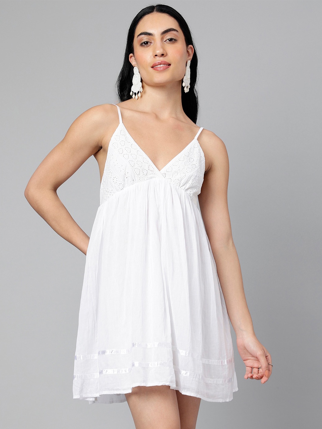 

I Love She Self Design Shoulder Straps Cotton Empire Dress, White