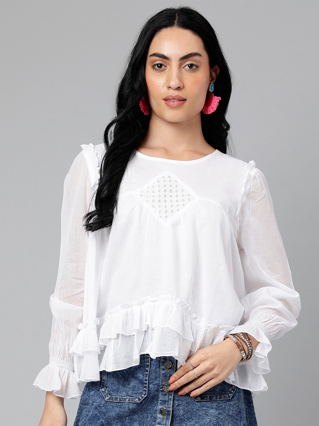 

I Love She Self Design Bell Sleeves Ruffled Lace-Up Cotton Top, White