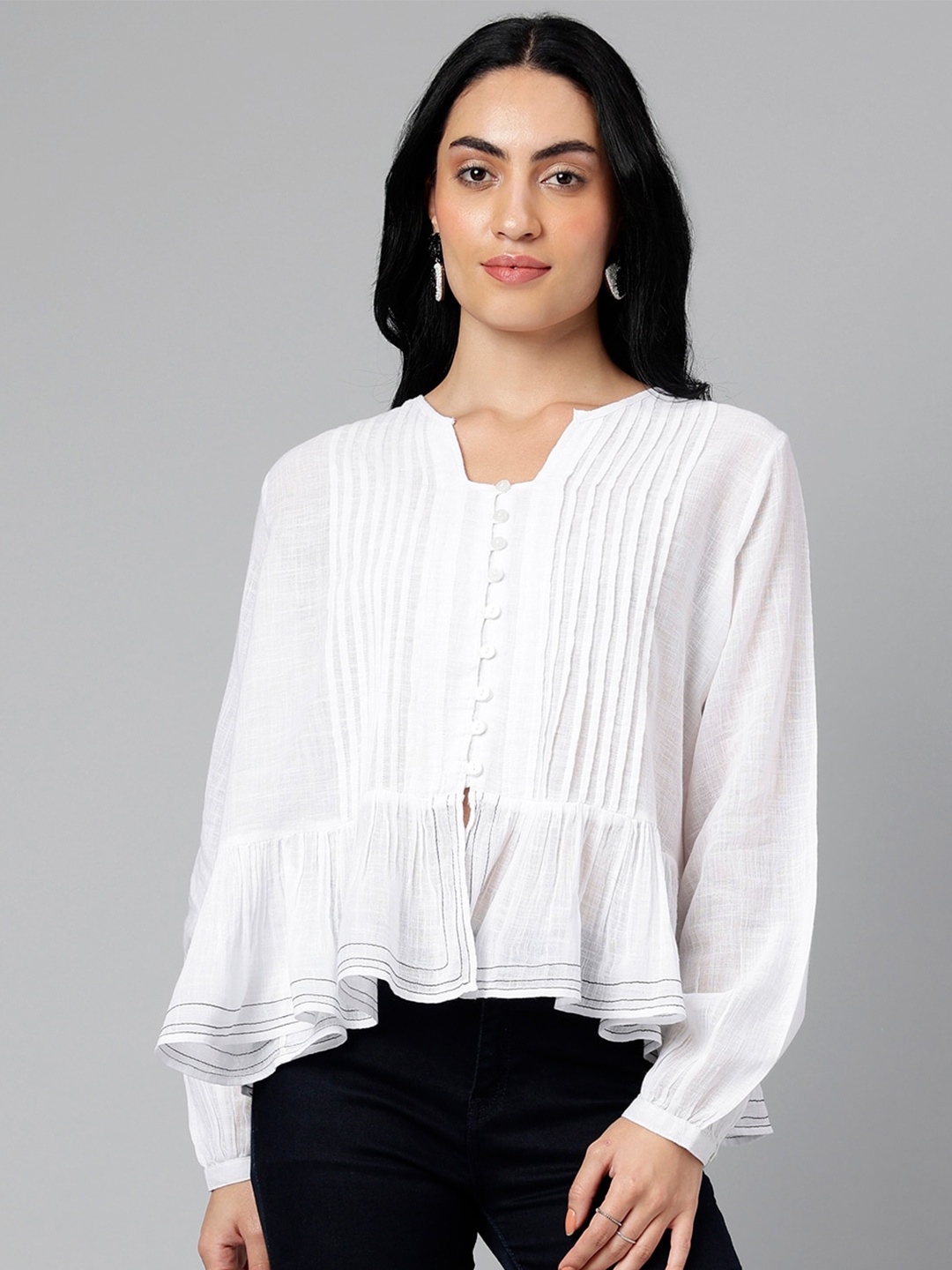 

I Love She Puff Sleeves Cotton Pleated Top, White