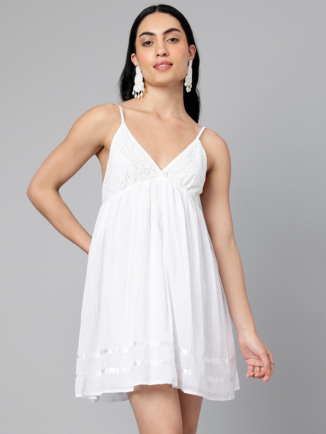 

I Love She Self Design Shoulder Straps Cotton Empire Dress, White