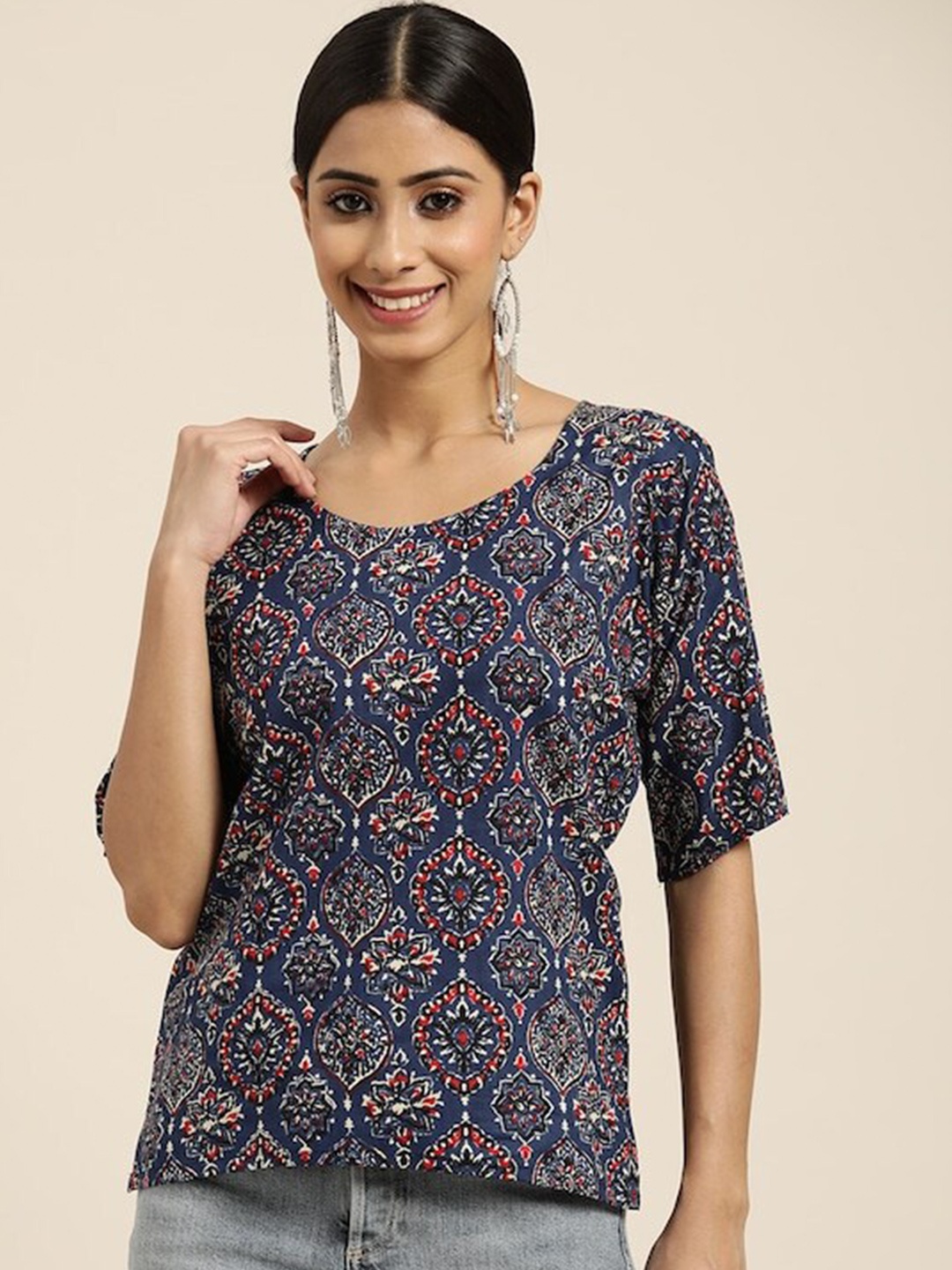 

Sangria Ethnic Motifs Printed Pure Cotton Round Neck Top, Blue