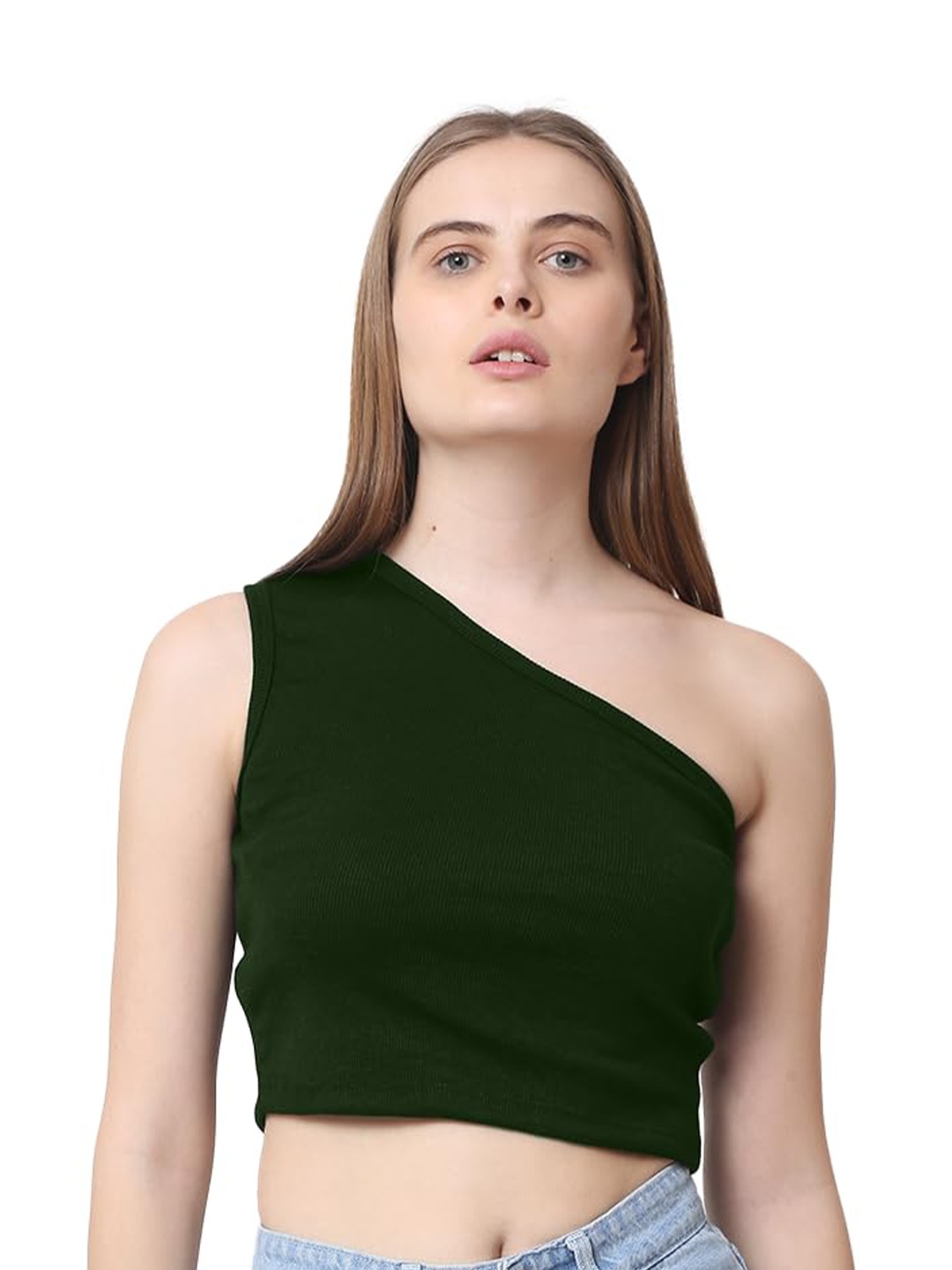 

CareDone Women One Shoulder Sleeveless Casual Crop Top, Green