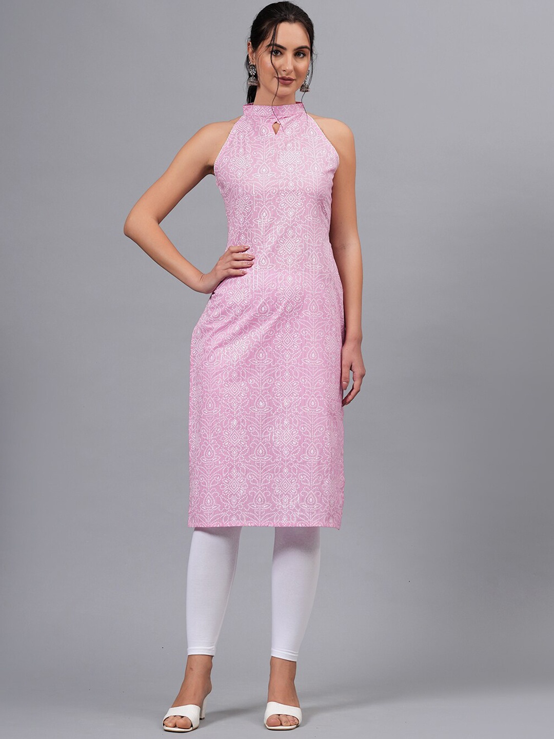 

HIGHLIGHT FASHION EXPORT Geometric Halter Neck Sleeveless Cotton Kurta, Pink