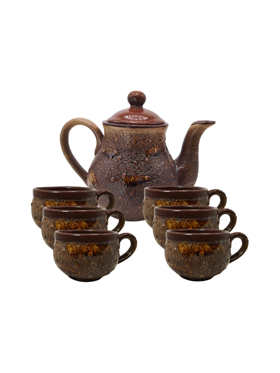 

INDIA MEETS INDIA Brown Textured Ceramic Glossy Kettle Set