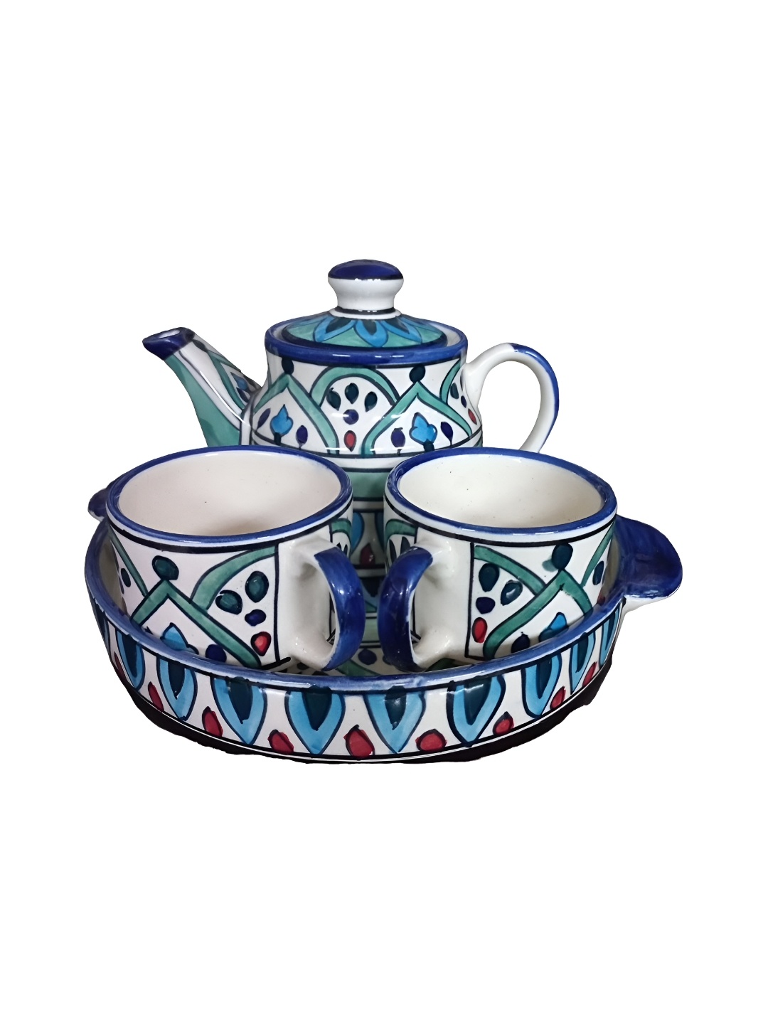 

INDIA MEETS INDIA White & Blue Printed Ceramic Glossy Kettle Set