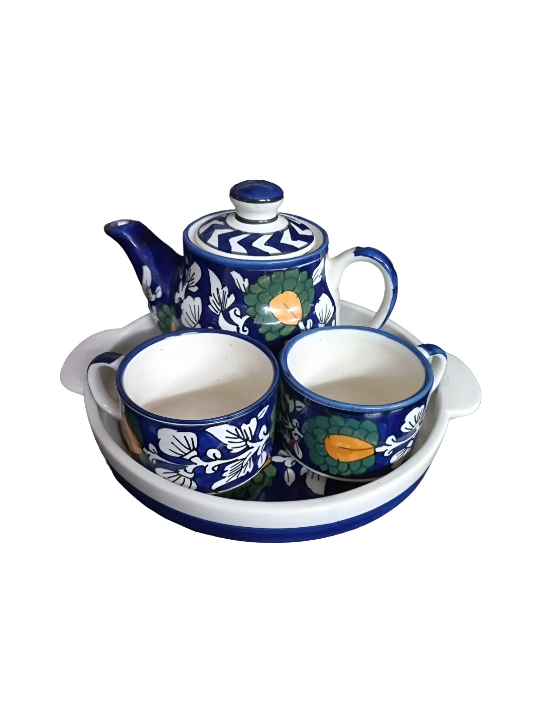 

INDIA MEETS INDIA Blue & White Printed Ceramic Glossy Kettle Set
