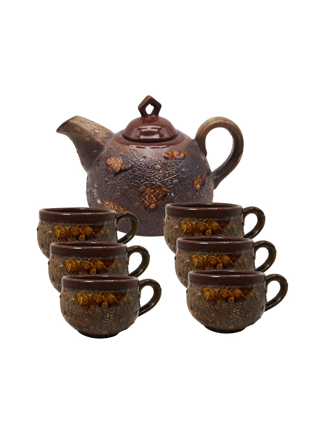 

INDIA MEETS INDIA Brown Textured Ceramic Glossy Kettle Set