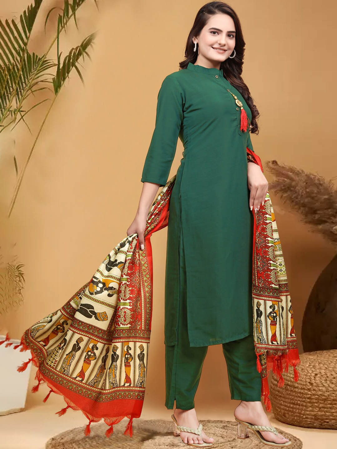 

Anouk Mandarin Collar Three-Quarter Sleeves Straight Kurta with Trouser & Dupatta, Green