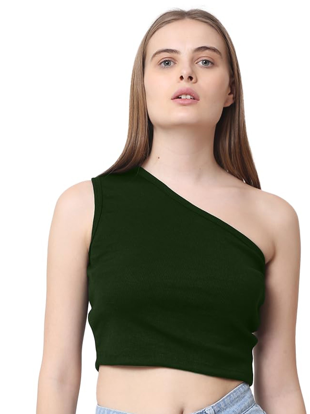 

CareDone Women One Shoulder Sleeveless Casual Crop Top, Green