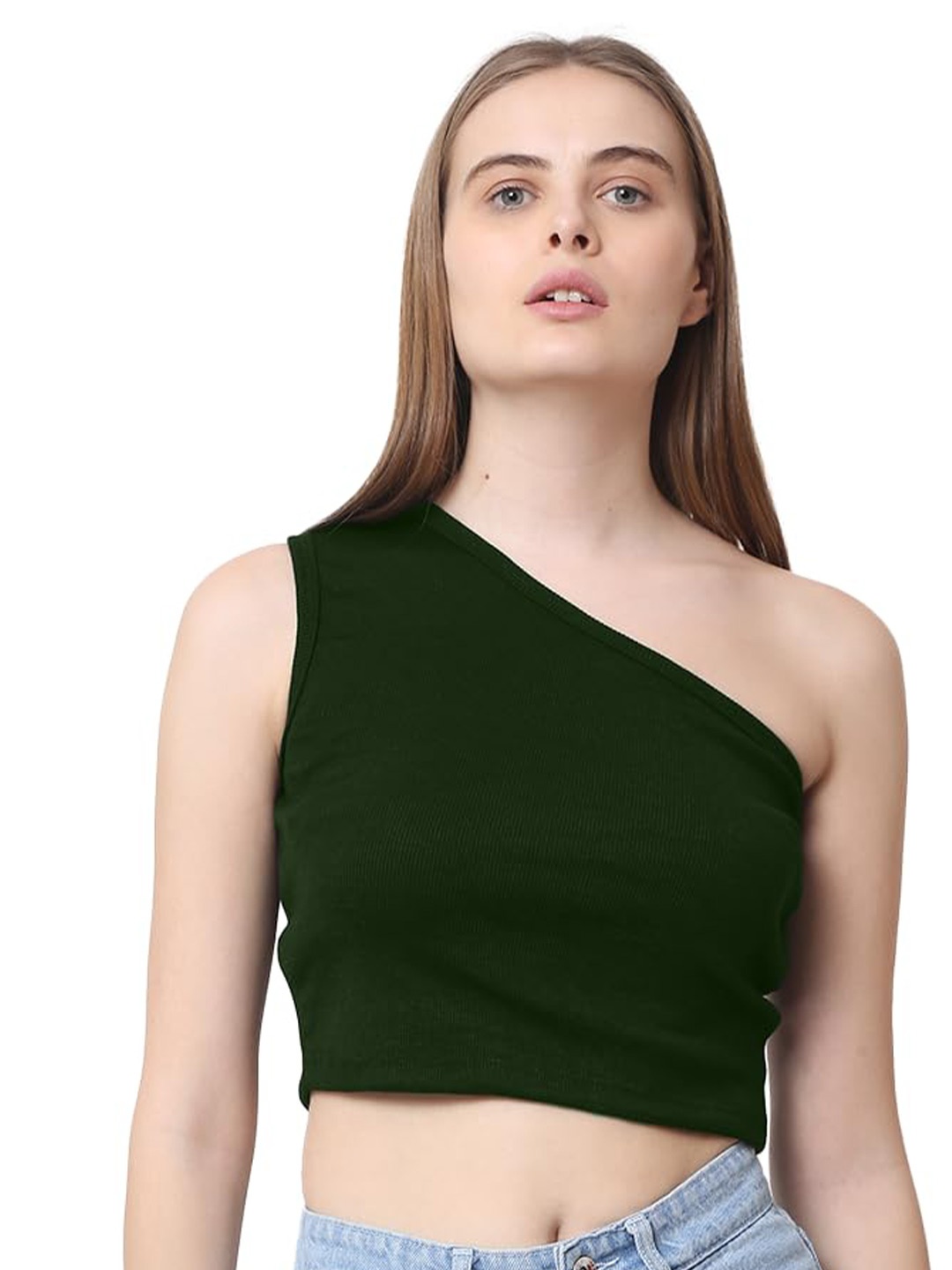 

CareDone Women One Shoulder Sleeveless Casual Crop Top, Green