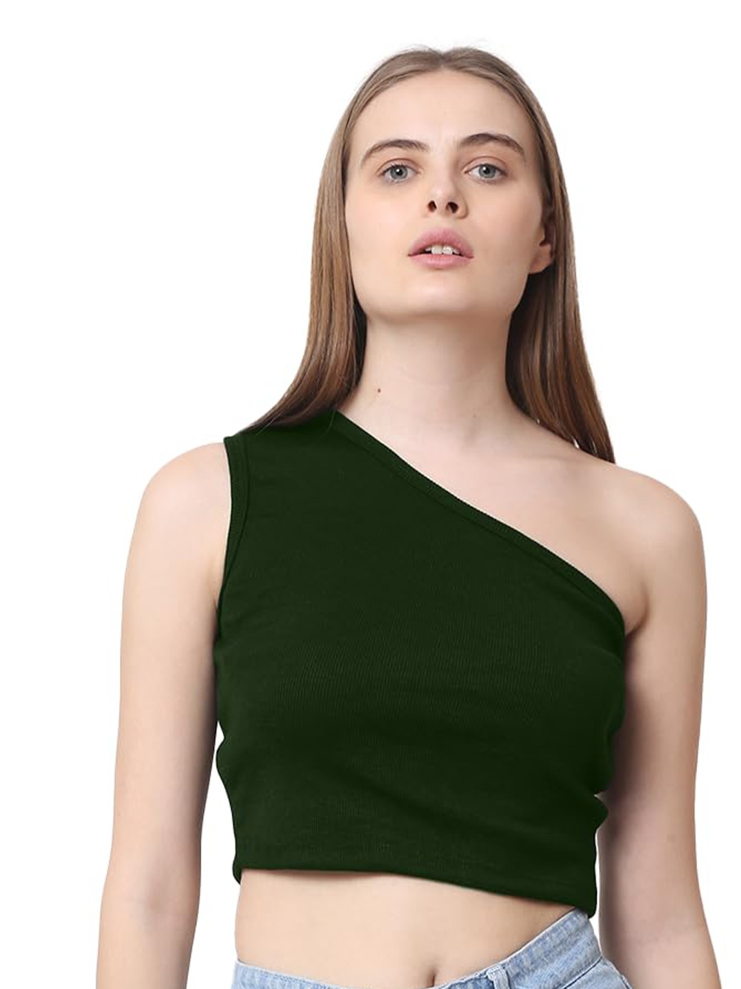 

CareDone Women One Shoulder Sleeveless Casual Crop Top, Green