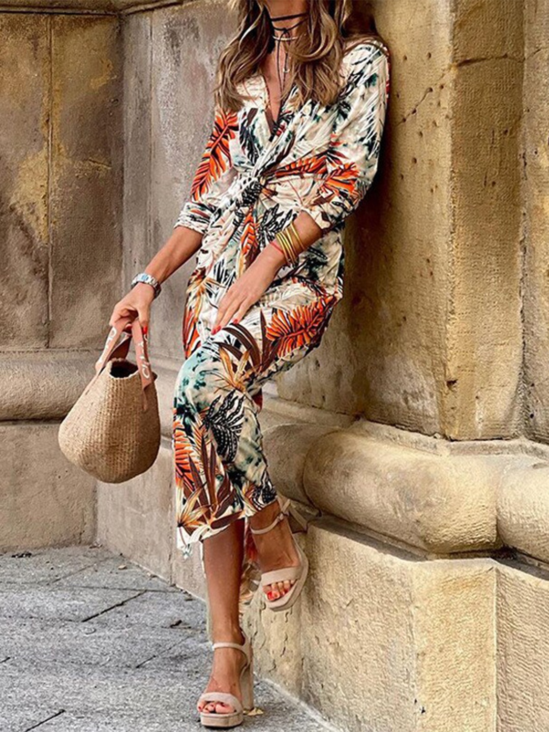 

StyleCast Beige & Green Floral Printed Maxi Dress