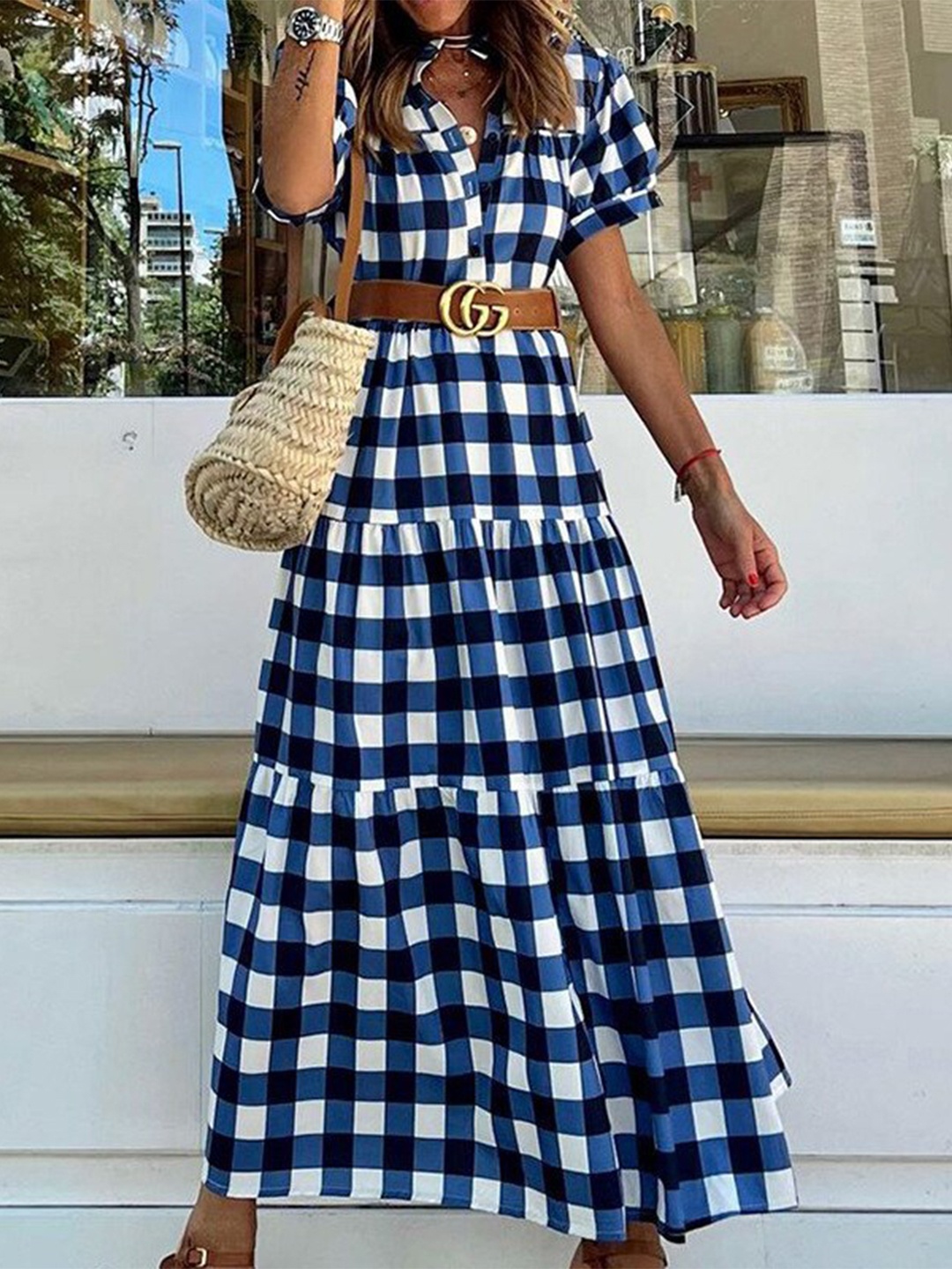 

StyleCast Blue Checked Maxi Dress