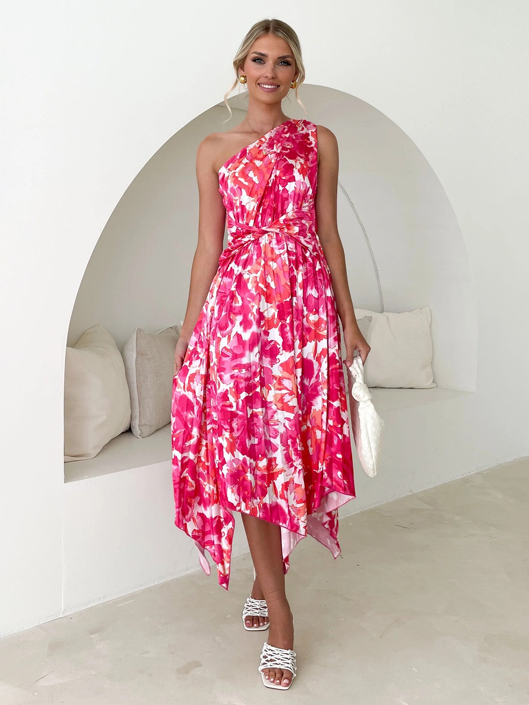 

StyleCast Pink Abstract Printed One Shoulder A-Line Midi Dress