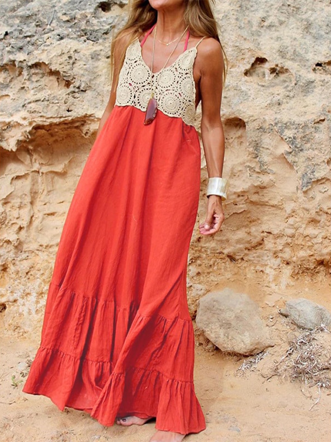 

StyleCast Red Self Design V-Neck Tiered Cotton Maxi Dress
