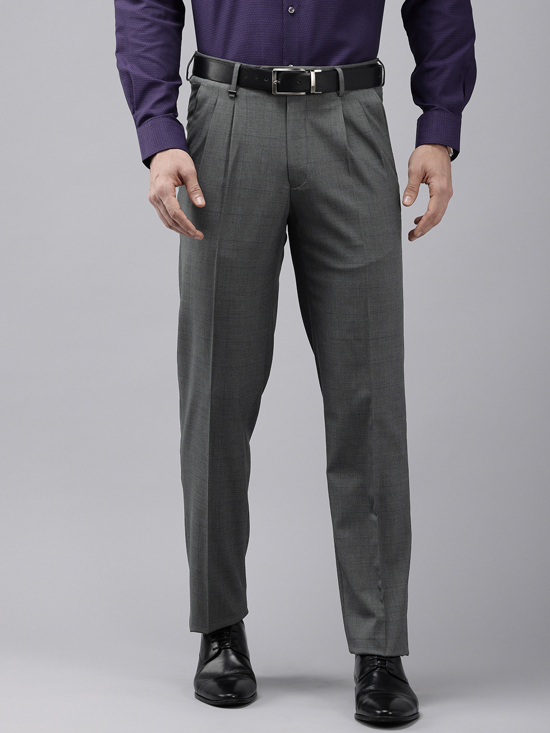 

Van Heusen Men Checked Pleated Formal Trousers, Grey