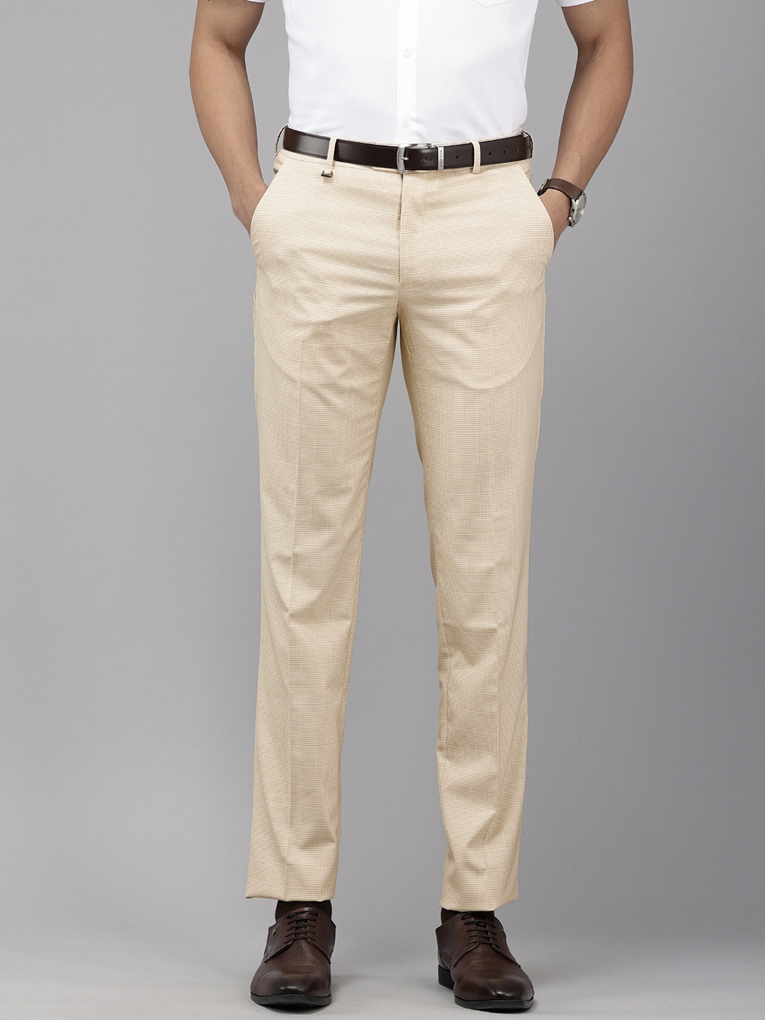 

Van Heusen Men Checked Urban Slim Slim Fit Formal Trousers, Beige